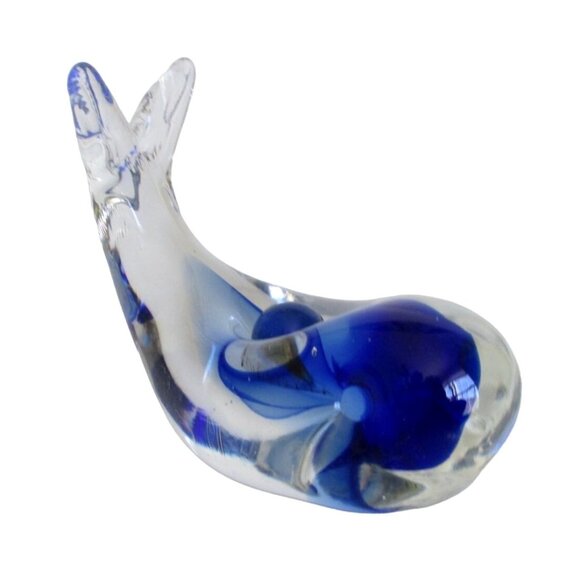 Glass Whale Figurine - Cobalt Blue & Clear Art Glass - Vintage Collectible - Picture 1 of 5